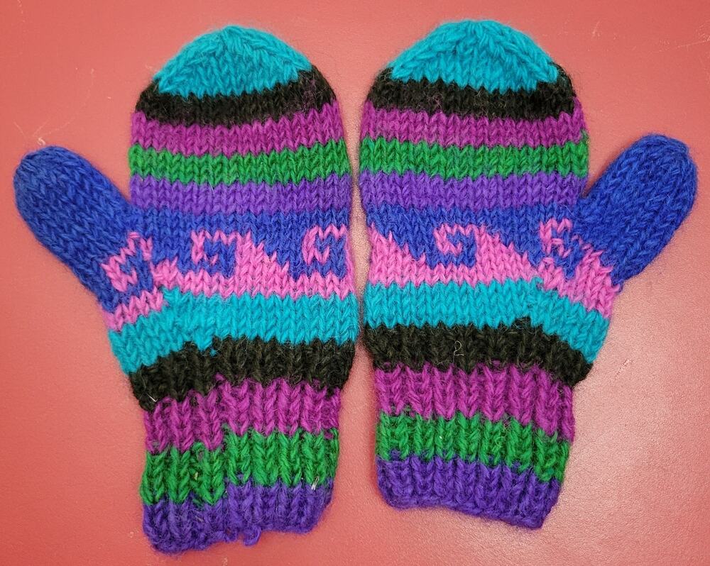 Hand-knitted Nepal Woolen Winter Gloves Mittens - Blue Green Pink Ethnic Wool